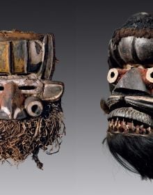 Book cover of We, featuring a dark wood mask with closed eyes protruding from face. Published by 5 Continents Editions.