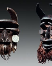 Book cover of We, featuring a dark wood mask with closed eyes protruding from face. Published by 5 Continents Editions.