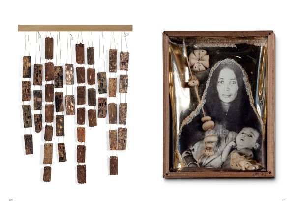 Book cover of Maria Lai. Holding the Sun by the Hand, featuring an orange sun with yellow and orange rays, on beige fabric. Published by 5 Continents Editions.