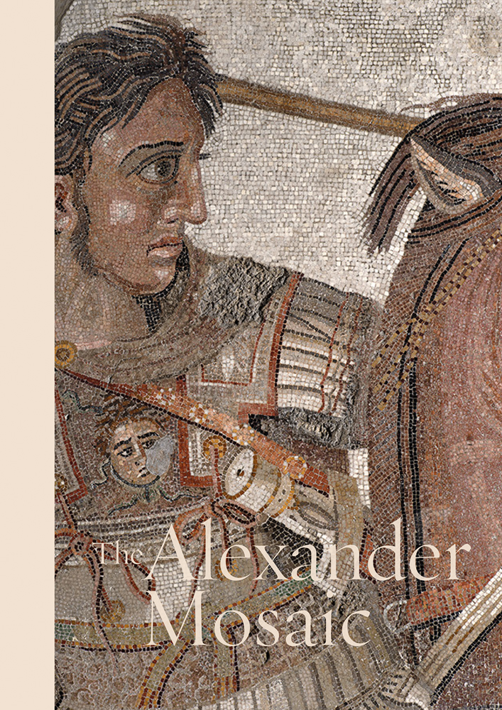 Floor mosaic of Alexander The Great on horseback, The Alexander Mosaic in cream font below.