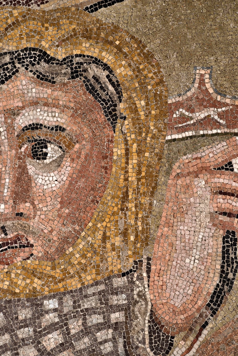 Floor mosaic of Alexander The Great on horseback, The Alexander Mosaic in cream font below.