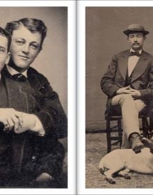 Book cover of Loving: A Photographic History of Men in Love 1850s-1950s, with two males gazing at camera, one with arm around the other. Published by 5 Continents Editions.