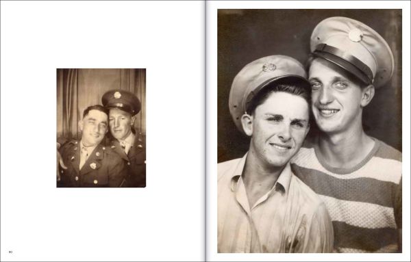 Book cover of Loving: A Photographic History of Men in Love 1850s-1950s, with two males gazing at camera, one with arm around the other. Published by 5 Continents Editions.