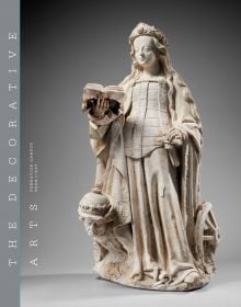 Book cover of The Decorative Arts, Volume 1: Sculptures, enamels, maiolicas and tapestries, featuring a cream statue of woman in large dress, holding book in right hand. Published by 5 Continents Editions.