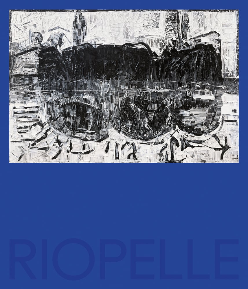Oil painting, Cap au nord, 1977 by Jean Paul Riopelle, on blue cover, RIOPELLE in darker blue font to bottom edge.