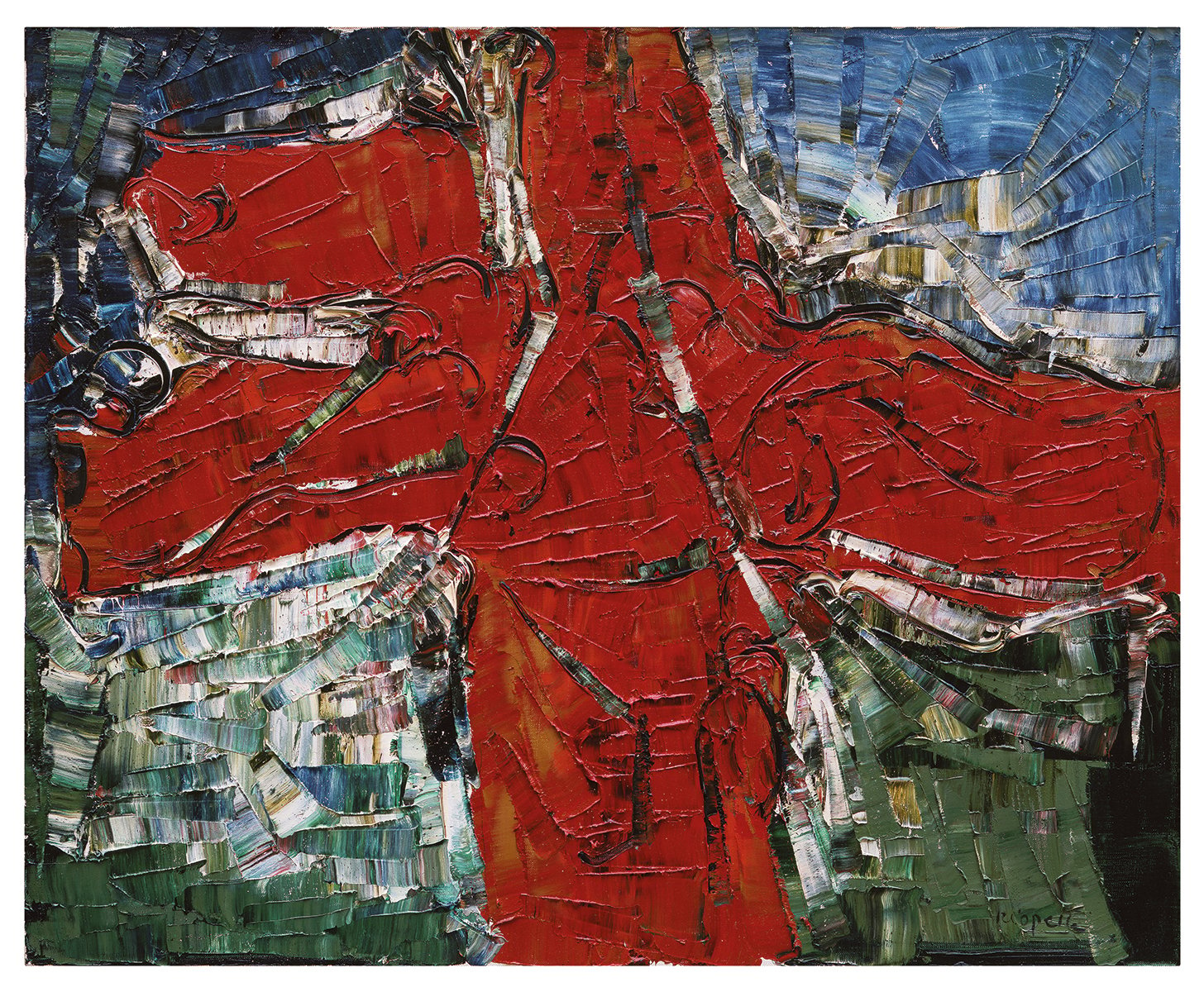 Oil painting, Cap au nord, 1977 by Jean Paul Riopelle, on blue cover, RIOPELLE in darker blue font to bottom edge.