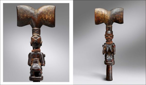 Pale grey book cover of Beauty Unusual, Masterworks from the Ceil Pulitzer Collection of African Art, featuring a dark brown African mask. Published by 5 Continents Editions.