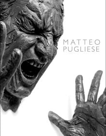 White book cover of Matteo Pugliese, featuring a sculpture of head with closed eyes and a screaming open mouth and flexed hands. Published by 5 Continents Editions.