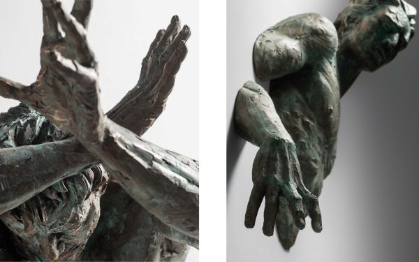 White book cover of Matteo Pugliese, featuring a sculpture of head with closed eyes and a screaming open mouth and flexed hands. Published by 5 Continents Editions.