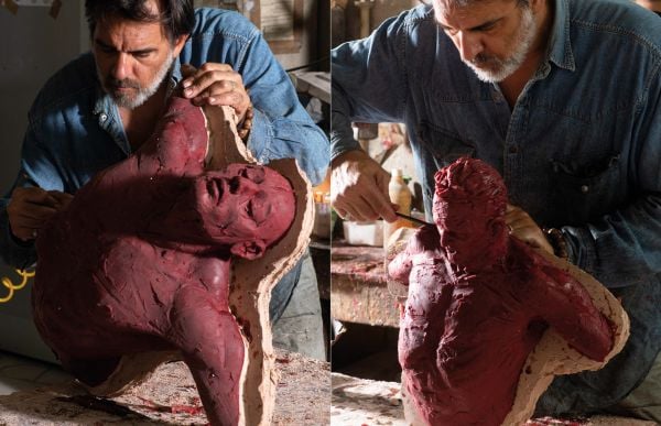 White book cover of Matteo Pugliese, featuring a sculpture of head with closed eyes and a screaming open mouth and flexed hands. Published by 5 Continents Editions.