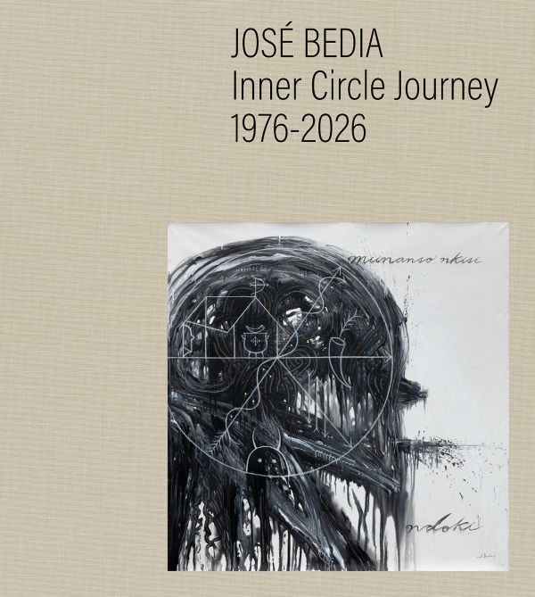 Book cover of José Bedia: Inner Circle Journey 1976 – 2026; featuring an abstract black-and-white artwork with intricate line work and symbolic elements. Published by 5 Continents Editions.