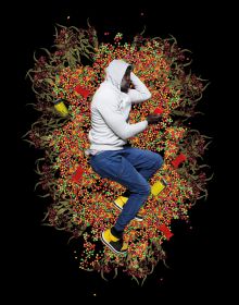 Red book cover of Omar Victor Diop, featuring a portrait photo of black man in black smock and red hat, holding blue exotic bird, titled 'Allegoria 1, 2021'. Published by 5 Continents Editions.
