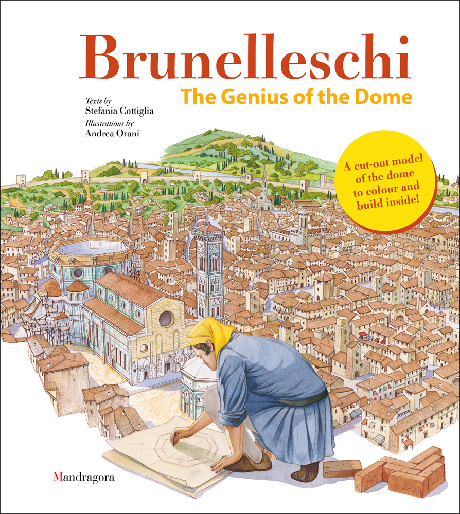 Detailed illustration of Renaissance figure kneeling while drawing circular image with city scape behind and Brunelleschi in red font above