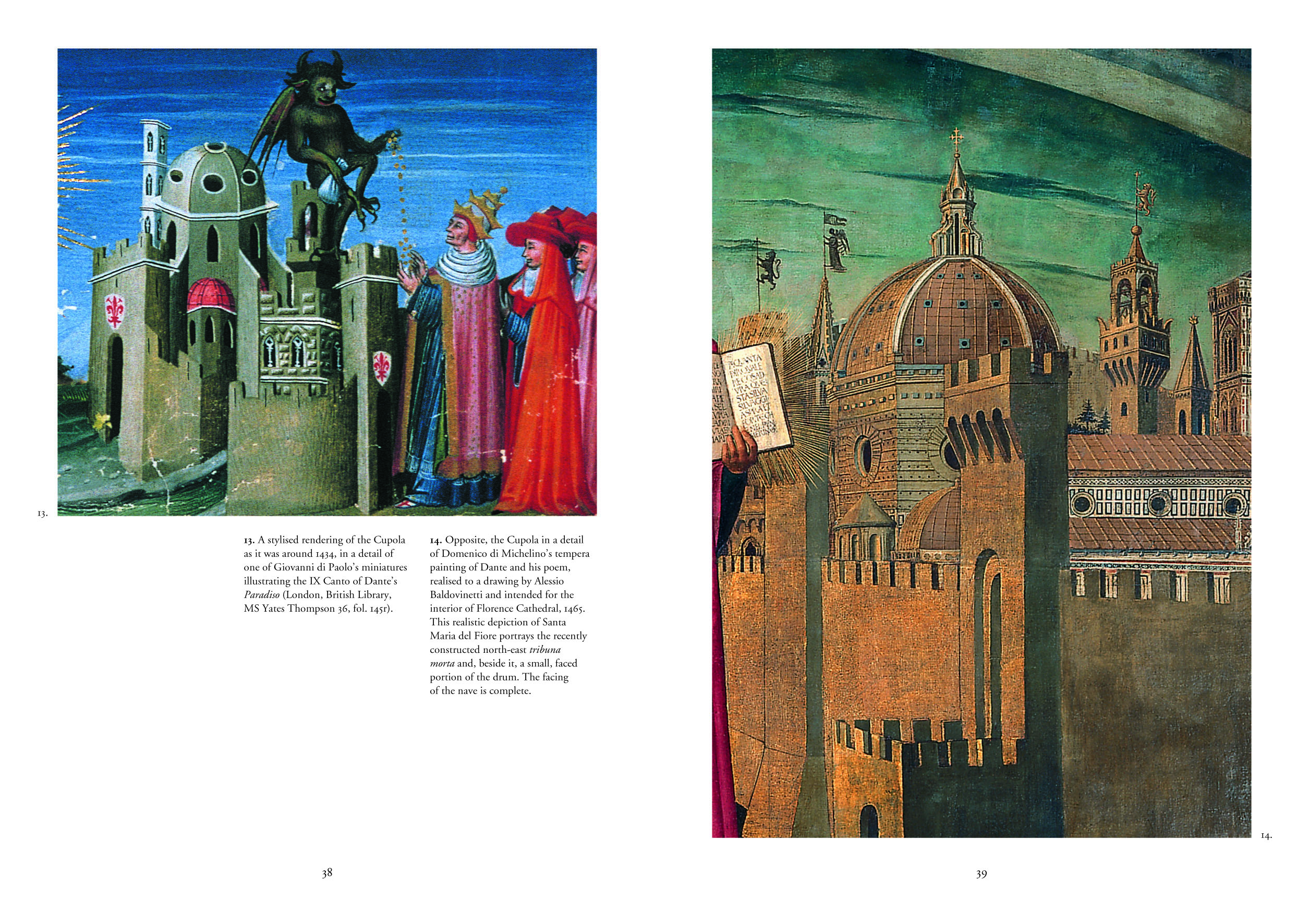 Renaissance figure kneeling while drawing circular image, city scape behind, Brunelleschi in red font above.