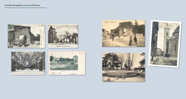 Book cover of Love and Kisses: The History of the Postcard, featuring the picturesque city of Florence. Published by Mandragora.