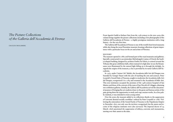 Book cover of A Complete Catalogue of Paintings of the Galleria dell’Accademia di Firenze, featuring Odoardo Borrani's painting titled Alla Galleria dell’Accademia. Published by Mandragora.