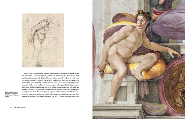 Book cover of Michelangelo: The Genesis of the Sistine; featuring a fresco painting of God and Adam. Published by Mandragora.