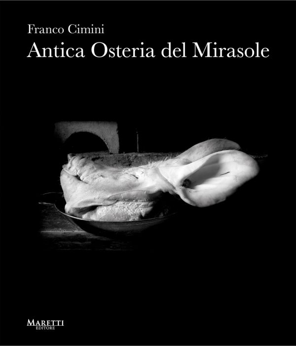 Book cover of Franco Cimini: Antica Osteria del Mirasole, with the face of a pig on a plate. Published by Manfredi Edizioni.