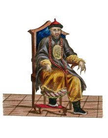 Book cover of La Chine: En miniature, with a brightly colored miniature drawing of three figures in Chinese dress. Published by Franco Maria Ricci editore.