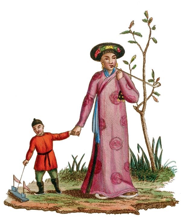 Book cover of La Chine: En miniature, with a brightly colored miniature drawing of three figures in Chinese dress. Published by Franco Maria Ricci editore.