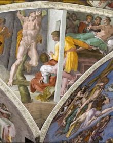 Close up of The Creation of Man ceiling painting by Michelangelo, 2 index fingers, THE SISTINE CHAPEL in white font below