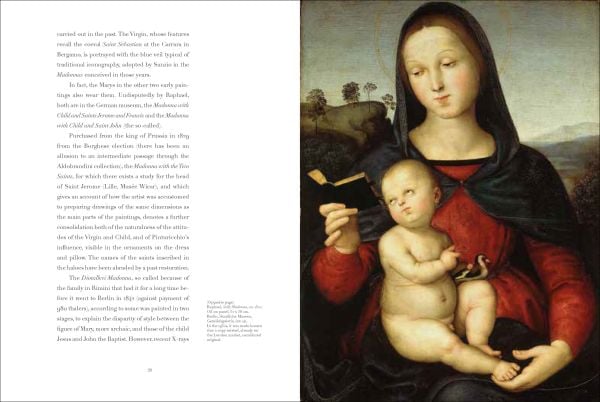 Portrait of Raphael with beige textured filter and blood red border to left and right side, Raffaello in red font vertically to lower right corner.