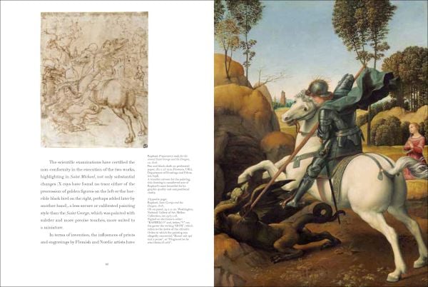 Portrait of Raphael with beige textured filter and blood red border to left and right side, Raffaello in red font vertically to lower right corner.