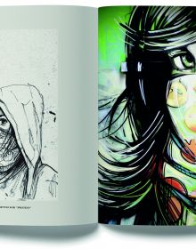 Vibrant portrait painting of woman wearing hood, covering mouth, on cover of 'Crossroads, A Glimpse into the Life of Alice Pasquini', by Drago.