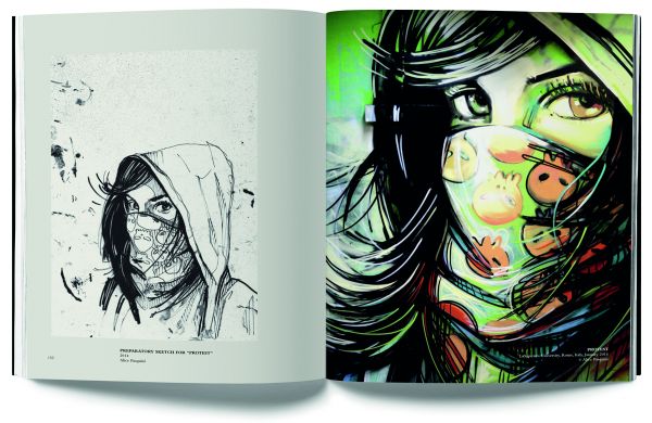 Vibrant portrait painting of woman wearing hood, covering mouth, on cover of 'Crossroads, A Glimpse into the Life of Alice Pasquini', by Drago.