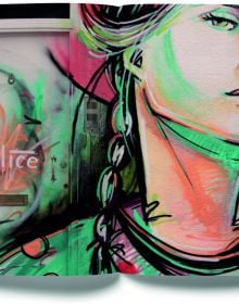 Vibrant portrait painting of woman wearing hood, covering mouth, on cover of 'Crossroads, A Glimpse into the Life of Alice Pasquini', by Drago.