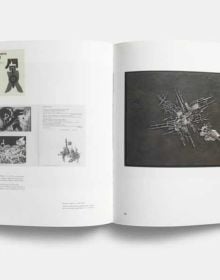 Metal sculpture, The Moon, the Sun, the Tower by Arnaldo Pomodoro, on brown cover of 'Arnaldo Pomodoro 1956-65', by Forma Edizioni.