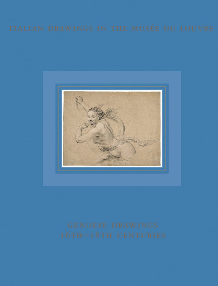 Genoese drawing of naked female in motion, on blue cover, GENOESE DRAWING 16TH-18TH CENTURIES in gold font below