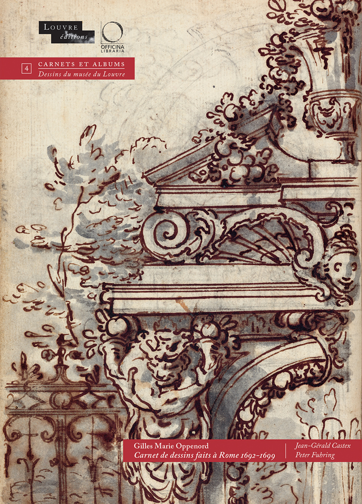 Ink drawing of columned front building on cream cover, Gilles Marie Oppenord in white font on red banner to bottom right