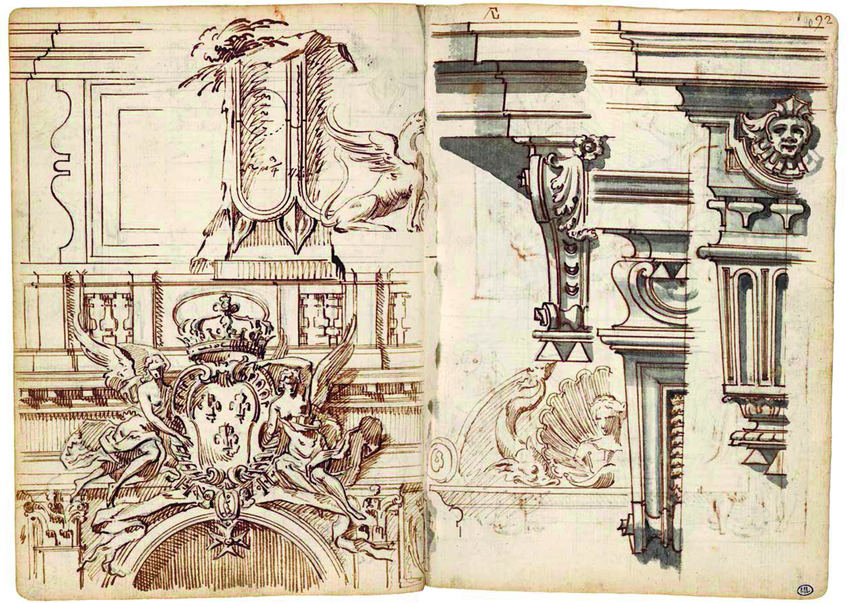 Ink drawing of columned front building on cream cover, Gilles Marie Oppenord in white font on red banner to bottom right