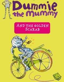 Egyptian mummy riding bike wearing gold scarab necklace, on yellow cover of 'Dummie the Mummy and the Golden Scarab', by Lannoo Publishers.