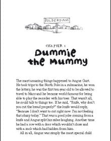 Egyptian mummy riding bike wearing gold scarab necklace, on yellow cover of 'Dummie the Mummy and the Golden Scarab', by Lannoo Publishers.