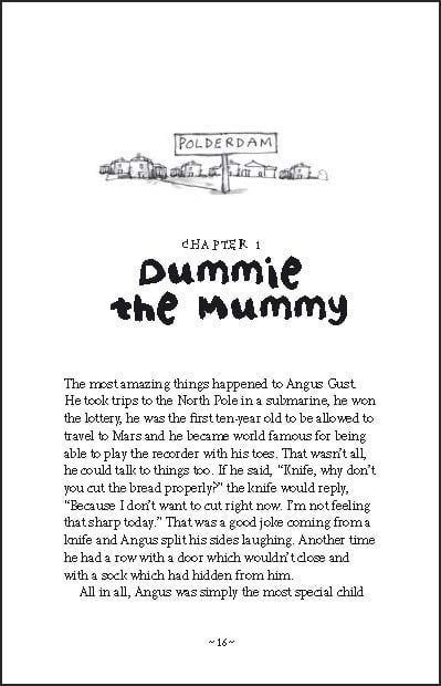 Egyptian mummy riding bike wearing gold scarab necklace, on yellow cover of 'Dummie the Mummy and the Golden Scarab', by Lannoo Publishers.