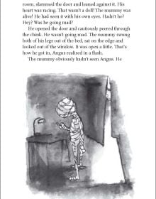 Egyptian mummy riding bike wearing gold scarab necklace, on yellow cover of 'Dummie the Mummy and the Golden Scarab', by Lannoo Publishers.