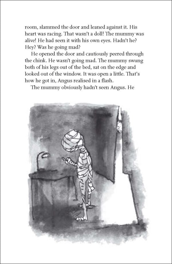 Egyptian mummy riding bike wearing gold scarab necklace, on yellow cover of 'Dummie the Mummy and the Golden Scarab', by Lannoo Publishers.