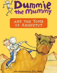 Golden camel with small child and Egyptian mummy on back, in desert with pyramids, on cover of 'Dummie the Mummy and the Tomb of Akhnetut', by Lannoo Publishers.