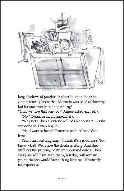 Golden camel with small child and Egyptian mummy on back, in desert with pyramids, on cover of 'Dummie the Mummy and the Tomb of Akhnetut', by Lannoo Publishers.