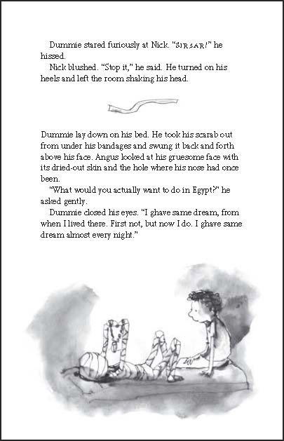 Golden camel with small child and Egyptian mummy on back, in desert with pyramids, on cover of 'Dummie the Mummy and the Tomb of Akhnetut', by Lannoo Publishers.