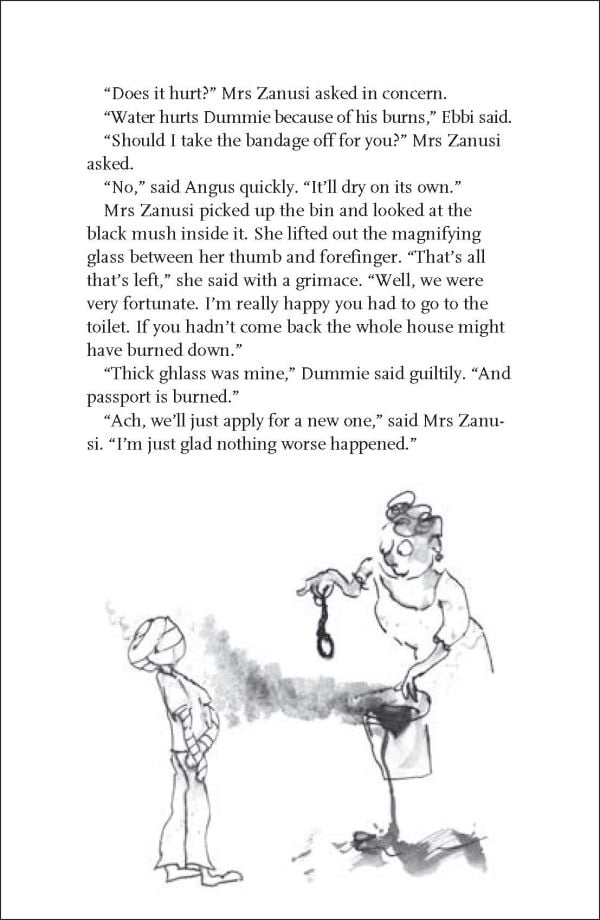 Golden camel with small child and Egyptian mummy on back, in desert with pyramids, on cover of 'Dummie the Mummy and the Tomb of Akhnetut', by Lannoo Publishers.