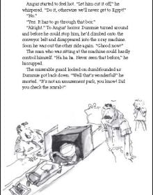 Golden camel with small child and Egyptian mummy on back, in desert with pyramids, on cover of 'Dummie the Mummy and the Tomb of Akhnetut', by Lannoo Publishers.