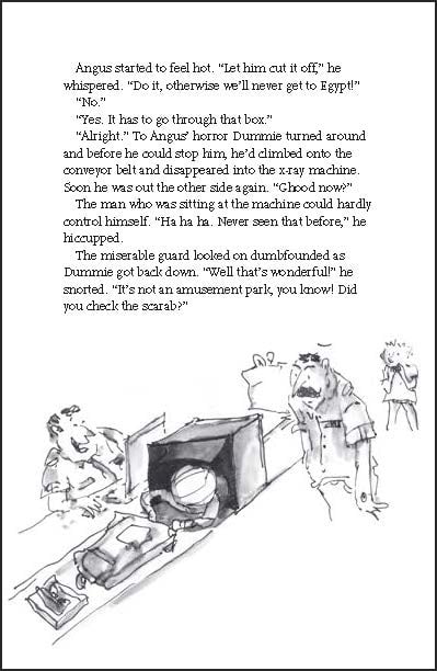 Golden camel with small child and Egyptian mummy on back, in desert with pyramids, on cover of 'Dummie the Mummy and the Tomb of Akhnetut', by Lannoo Publishers.