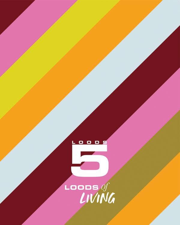 Colorful, striped book cover of Loods of Living. Published by Lannoo Publishers.