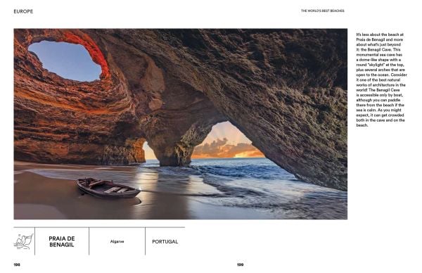 Book cover of The World's Best Beaches: with a figure staring out to sea while holding a surfboard. Published by Lannoo Publishers.