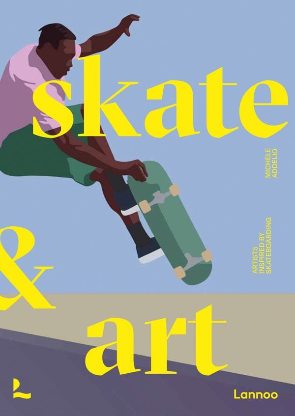 Book cover of Skate & Art: Artists Inspired by Skateboarding; with a skateboard performing a aerial grab trick. Published by Lannoo Publishers.