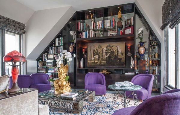 Book cover of Paris Living, featuring an interior living room with wooden box shelving.