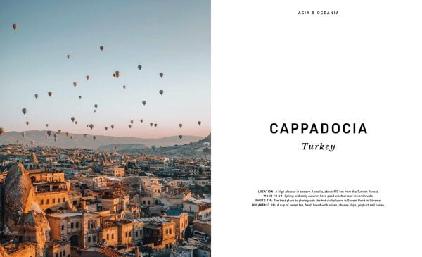 Book cover of Sunrise Destinations; featuring a sunset landscape with hot air balloons rising in the distance. Published by Lannoo Publishers.